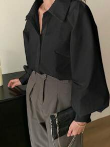 INAWLY 女士休闲纯色灯笼袖衬衫，秋季优雅衬衫 - 黑色 - 查看 4