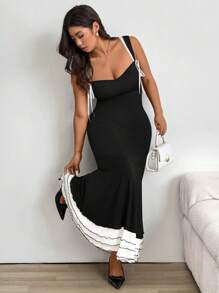 Celure Plus Size Women's Elegant Bodycon Spaghetti Strap Color Block Mermaid Maxi Dress With Bow For Summer