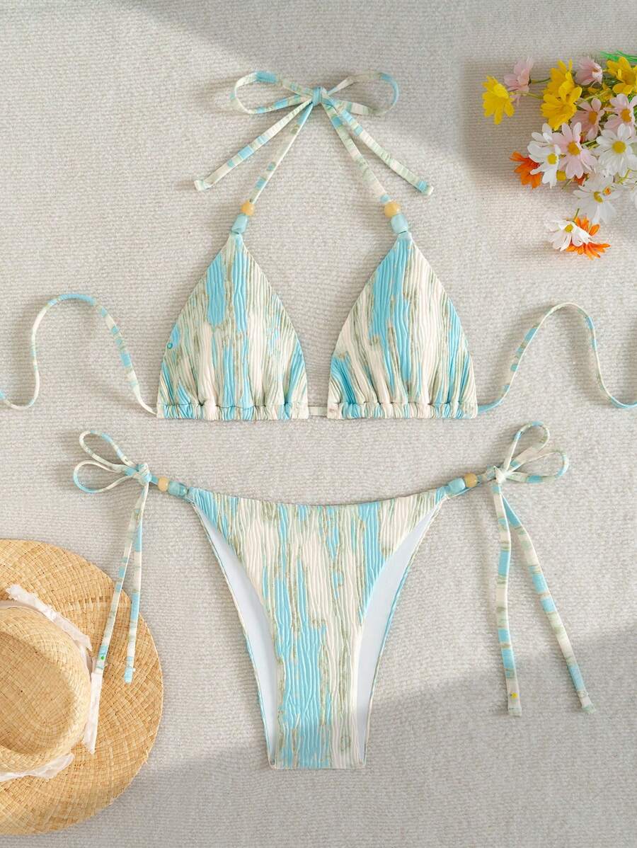 Swim Mod 2 Pieces Summer Women Textured Fabric Spaghetti Strap Bikini With Beaded Decor & Tie Side Shorts Sexy Cute Beach Swimwear Sets - Multicolor - View 1