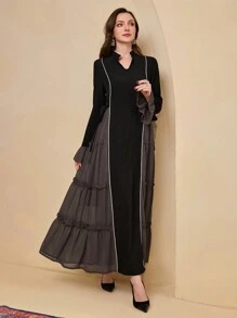 Al Najma Vestido árabe modesto para mujeres con empalme lateral y atar a la cintura, para primavera y verano