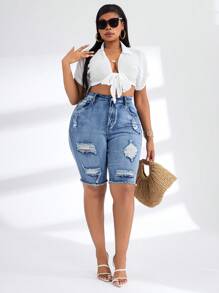 SHEIN SXY Plus Size Women Side Pockets Distressed Denim Knee Length Capri Shorts