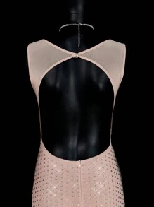 SHEIN ICON Abito lungo da donna nello stile Y2K, sexy e minimalista, in rete con strass, elegante e decorato con paillettes, abito scintillante e luccicante adatto a feste, festa, uscite serali, Capodanno, adatto per appuntamenti casual, uscite serali e abbigliamento per Capodanno. - Cachi - Visualizzare 8