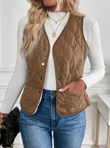 SHEIN LUNE Chaleco acolchado de algodón liso con botones frontales, sin mangas, de estilo casual y sencillo para mujeres