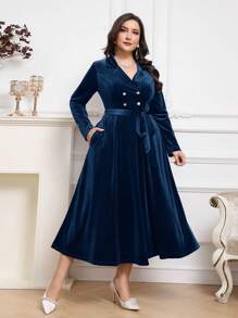 Modelyn Plus Size Elegant Solid Color Double-Breasted Dress Long Evening Dresses - Teal Blue - View 1