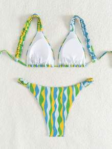 SHEIN Swim Conjunto de Maiô Bikini de 2 Peças Casual de Praia para Mulheres, Padrão de Listras de Ondas, Alças Largas - Multicolorido - Visão 4