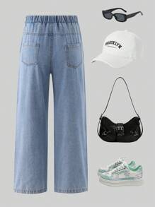 Street Girls Letter, Butterfly & Heart Graphic Versatile Denim Jeans, Suitable For Spring, Summer, Autumn - Blue - View 2