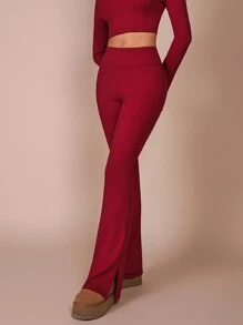 COSMINA Women's Solid Color Simple Flared Leg Pants, Casual Everyday Wear - Burgundy - View 5