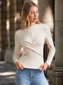SHEIN Clasi Apricot Turtleneck Long Sleeve Belted Waist Slim Fit Women T-Shirt, Autumn/Winter Winter Women Tops Long Sleeve Tops
