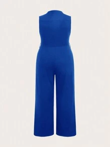 Slaydiva Plus Size Women's Sleeveless Stand Collar V-Neck Slit Front Long Jumpsuit,Slim Fit Royal Blue,Summer Smart Casual Everyday Elegant Vacation Jumpsuits - Blue - View 2