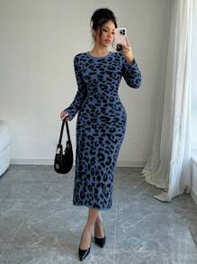 Chiquease Autumn & Winter New Leopard Print Vintage Bodycon Sweater Dress For Women - Royal Blue - View 1