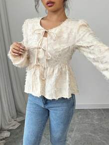 Chiquease Women's Elegant Bow Detail Jacquard Textured Fabric Long Sleeve Blouse Peplum Top - Apricot - View 3