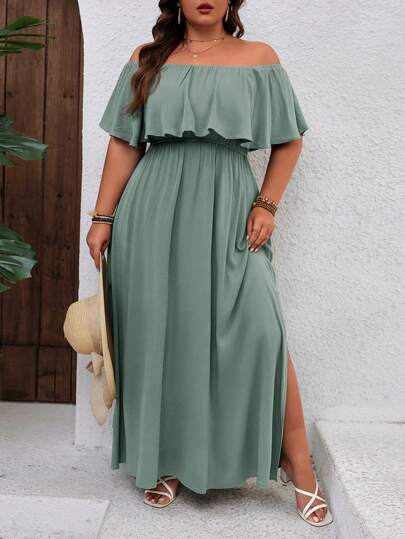 SHEIN VCAY Plus Size Holiday Ruffle Ruffled Dress,Beach Dress Sundress,Holiday Outfits Boho