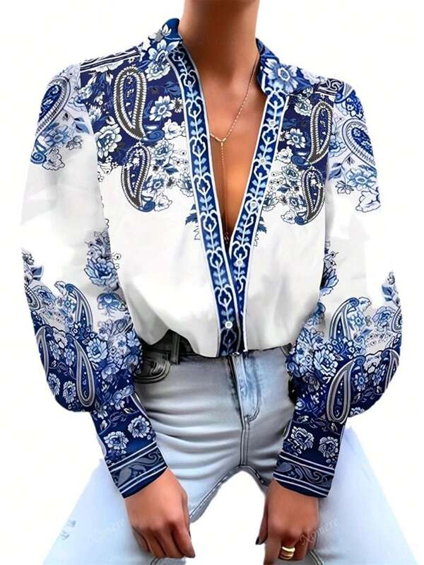Camisa feminina com estampa floral e botões, casual e estilosa para uso diário