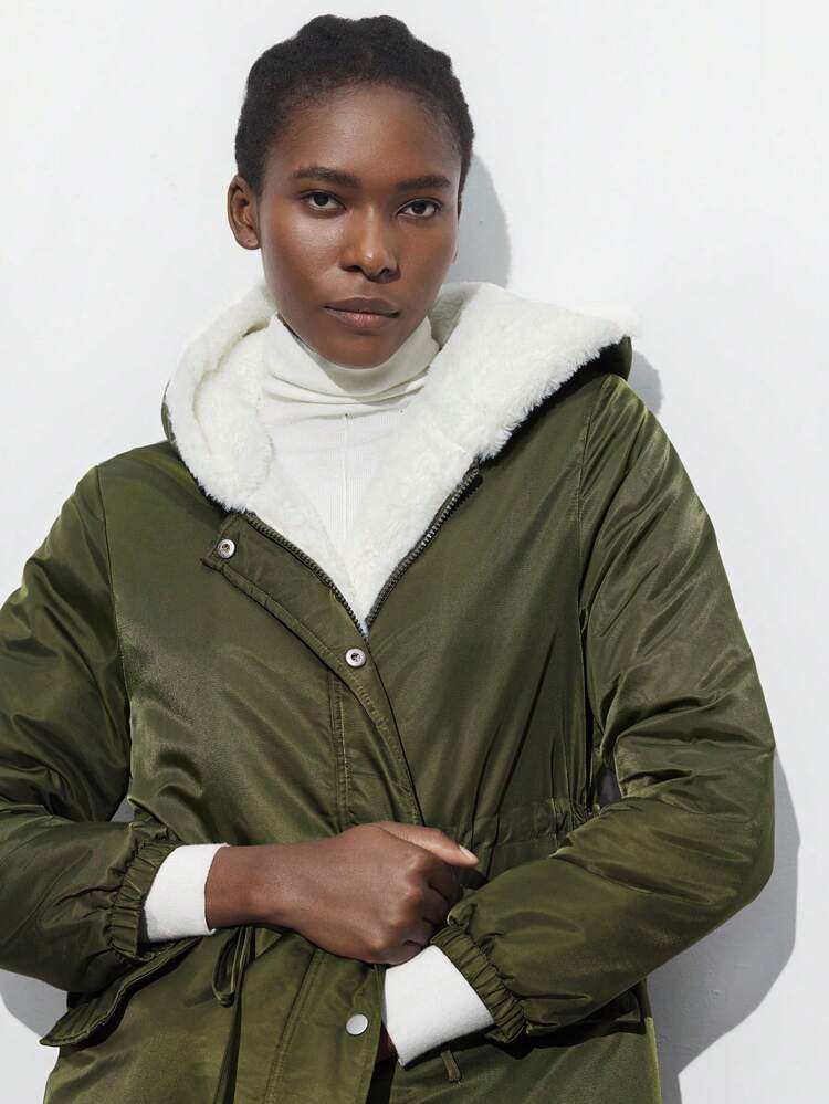 SHEIN Maija Women's Solid Color Long Sleeve Single-Breasted Drawstring Waist Lined Hooded Casual Jacket,Festival