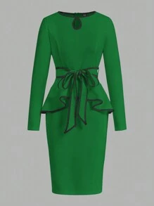 SHEIN Lady Autumn And Winter Fall Clothes Elegant Women Dresses Masquerade Ball Dress Concert Women Outfit Elegant Color Block Paneled Fitted Mid-Length Dresses Women Costumes Fall Women Outfits - Green - View 2