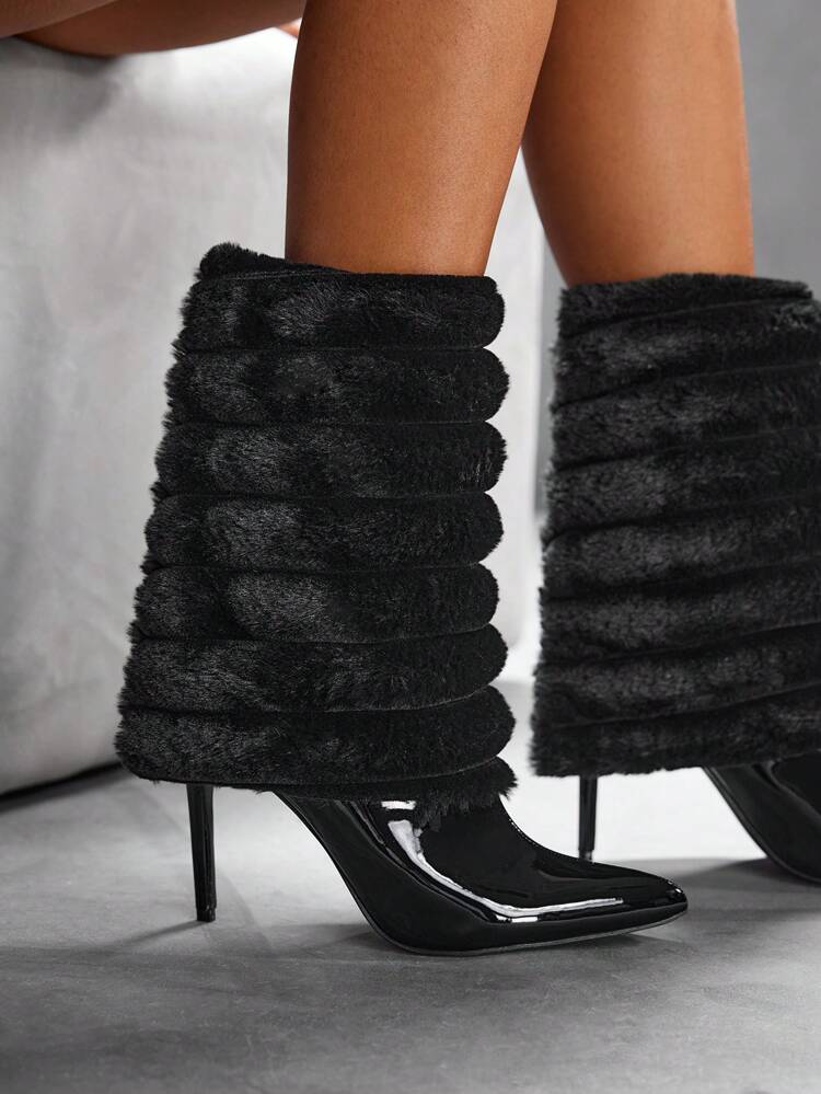 CUCCOO SZL Botas de tacón de aguja y de media pantorrilla con capas de piel elegantes y versátiles para mujer, color negro, ideales para outfits de Navidad, Año Nuevo, uso casual en otoño/invierno y el Día de San Valentín