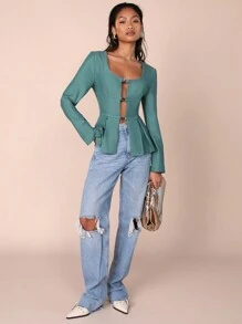COSMINA Women's Solid Color Long Sleeve Casual Minimalist Top, For Daily Wear - Teal Blue - View 6