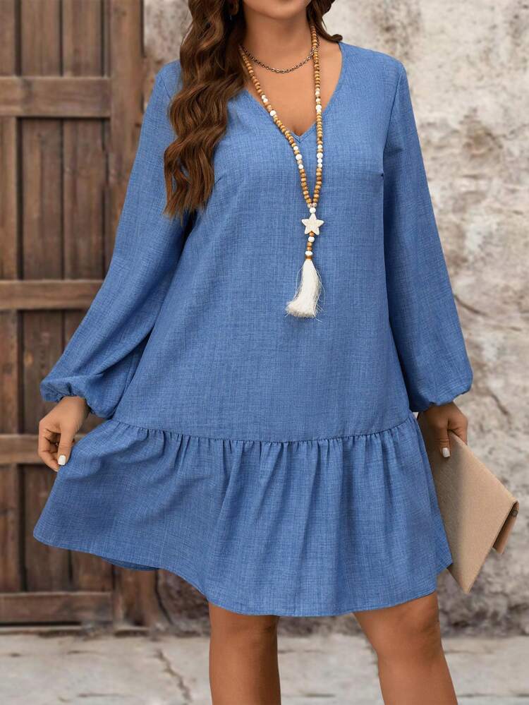 Plus Size Women's Solid Color V-Neck Lantern Sleeve Ruffle Hem Dress,Christmas Clothes Women,New Years Women Outfit,Vacation Dress,Vacation Outfits,Spring,Resort Wear Women