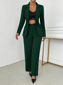 SHEIN SXY Women's Elegant Two Pieces Green Suit Set: Blazer Jacket & Wide Leg Pants For Business Casual Or Office Wear,Business Casual Woman In Fall/Winter - Dark Green - View 3