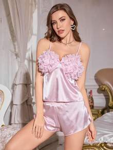 3D Floral Decor Cami Shorts Pajama Set For Women - Green - View 5