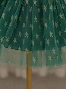 Glamorique Kids Christmas Baby Girl Green Tulle Gold Star Puffy Party Dress, Long Sleeve Velvet Ruffle Autumn/Winter Baby Girl Dress, Bowknot Front, Suitable For Daily, Stage Performance, Middle East & Europe - Dark Green - View 5