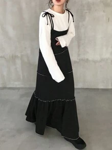 FRIFUL Vestido largo de tirantes finos de mujer de color negro con puntadas de contraste, apto para primavera y verano, vestido casual de mujer