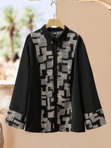 Lacomfia 2pcs/Set Plus Size Women Geometric Pattern Patchwork Elegant Vintage Long Sleeve Top And Wide Leg Pants - Black - View 6