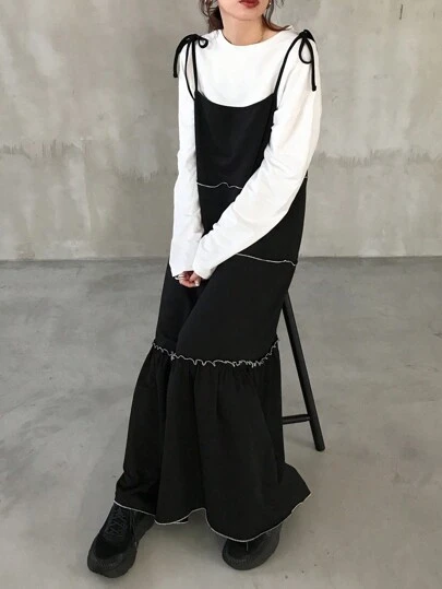 FRIFUL 女式长款黑色撞色缝线细肩带吊带连衣裙，春夏，休闲女装