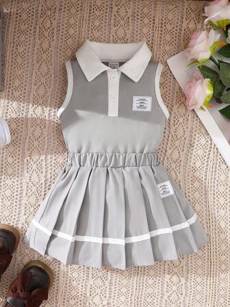 Souflis Souflis 2 stuks Babymeisjesmode Minimalistische College Stijl Sportieve Geplooide Rok & Camisole Outfit, Lente/Zomer