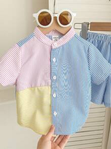 2pcs Young Boys Cute Striped Color-Blocked Stand-Collar Short-Sleeved Shirt And Shorts Set,Casual Comfortable Summer Outings Vacations School Outfits - Multicolor - View 5