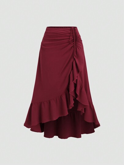 Sweetra Women's New Burgundy Vintage Palace Style High-Low Hem Drawstring Ruffled Layered Skirt, Party/Bohemian Skirt, Spring/Summer For Valentine's Day Fall Cloth For Women