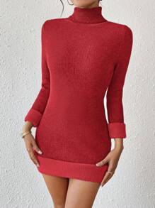 SHEIN Unity 纯色保暖衬里高领毛衣连衣裙 - 紅色 - 查看 6