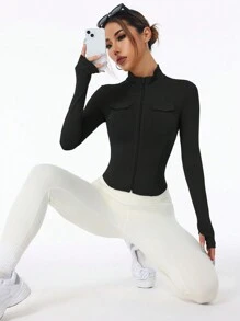 Einfarbige, taillierte Sportjacke für Damen mit Reißverschluss vorne, lange Ärmel