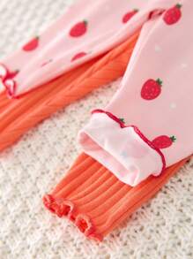 Baby Girl 4pcs/Set Cute Strawberry Pattern Ruffle Trim Crew Neck Long Sleeve Top And Pants Soft Breathable Home & Sleep Set - Pink - View 5