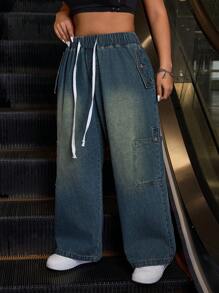 SHEIN EZwear Plus Size Front Tie Pocket Simple Design Casual Denim Jeans - Medium Wash - View 5