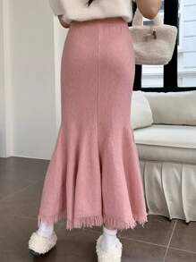 INAWLY 女士纯色美人鱼下摆优雅毛衣裙，秋冬款 - 粉色 - 查看 2