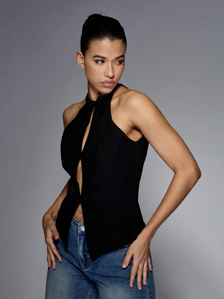 MISSGUIDED Áo ghi lê khoét nơ phía trước - màu đen - Xem 1