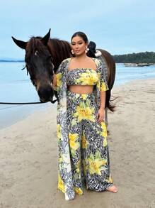 SHEIN SXY Plus Size Women's Early Spring Flower Print Colorful Tube Top Bottom And Trousers And Flowing Open Cardigan Three Pieces Set,Suitable For Daily Wear, Vacation, Seaside, Beach Party, Date Night, Birthday, Bachelorette Party Outfit Party, Dance, Couple Date, Elegant, Casual, Shopping, Street Wear, Outdoor, Flirty, Easy To Match And Looks Slim, Highlight Your Figure, Highlight Your Body For Summer - Multicolor - View 1