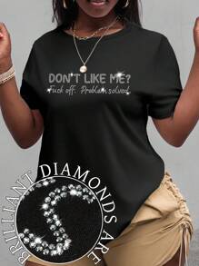 Maweii Große Größen Slogan Strass Kurzarm T-Shirt "MAGST DU MICH NICHT, PROBLEM GELÖST" Slogans Muster T-Shirts Damen Tops, für den Sommer