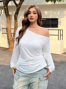 SHEIN EZwear 大码女装，西服女装，休闲斜肩半透明长袖T恤，白色 - 白色 - 查看 1