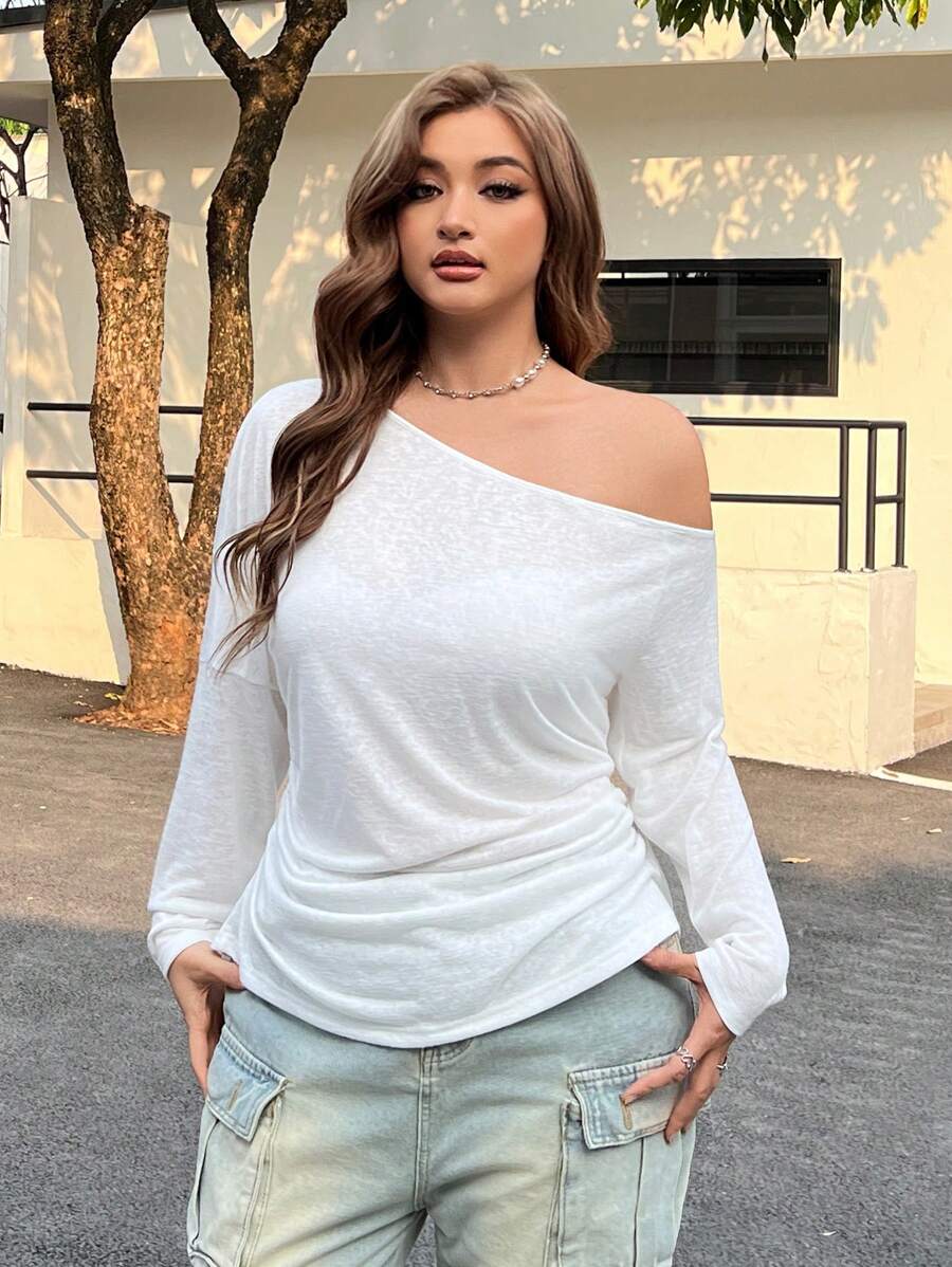 SHEIN EZwear 大码女装，西服女装，休闲斜肩半透明长袖T恤，白色 - 白色 - 查看 1