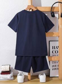2pcs Tween Boy Casual Colorblock Letter Graphic Short Sleeve Crew Neck T-Shirt & Elastic Waist Pants Set, Suitable For Autumn, Spring, Summer, Ideal For Outdoor Play, School, Street Style, Party And Leisure