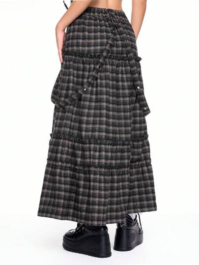 ROMWE Avant Women's Studded Plaid Multi-Layer Cake Skirt