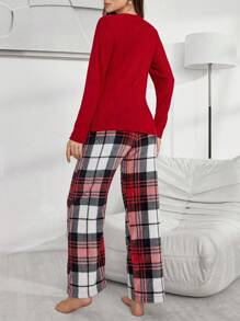 2pcs Solid Color Flannel Button-Up Shirt And Plaid Fleece Pants Women Sleepwear Set - Red - View 2