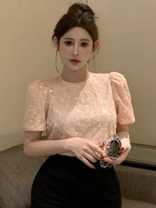 DAZY 女士亮片装饰泡泡袖圆领衬衫，适合度假和约会的闪亮上衣 - 粉色 - 查看 6