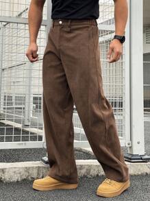 Manfinity Homme American Corduroy Washed Utility Pants For Men, High-End Casual Loose Straight Leg Trousers, Japanese Style Men Wide Leg Parts