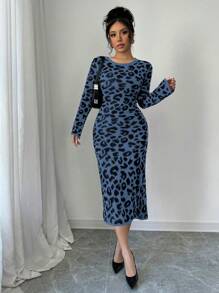 Chiquease Autumn & Winter New Leopard Print Vintage Bodycon Sweater Dress For Women - Royal Blue - View 3