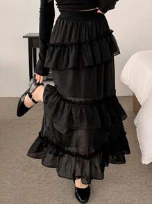 DAZY Women Elastic Waist Patchwork Ruffle Hem Casual Skirt - Black - View 1