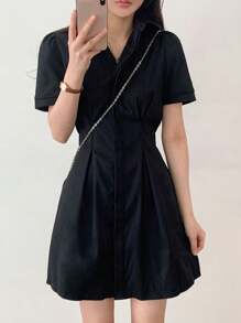DAZY 女式纯色泡泡袖修腰短裙，黑色，春夏，迷你衬衫裙，休闲女裙 - 黑色 - 查看 4