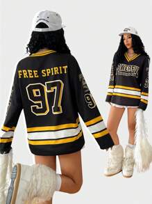 Coolane Women's  Fall/Winter Casual  Ricing Sportswear Number Graphics  Black Over Size  Long Sleeve  Jersey T Shirt